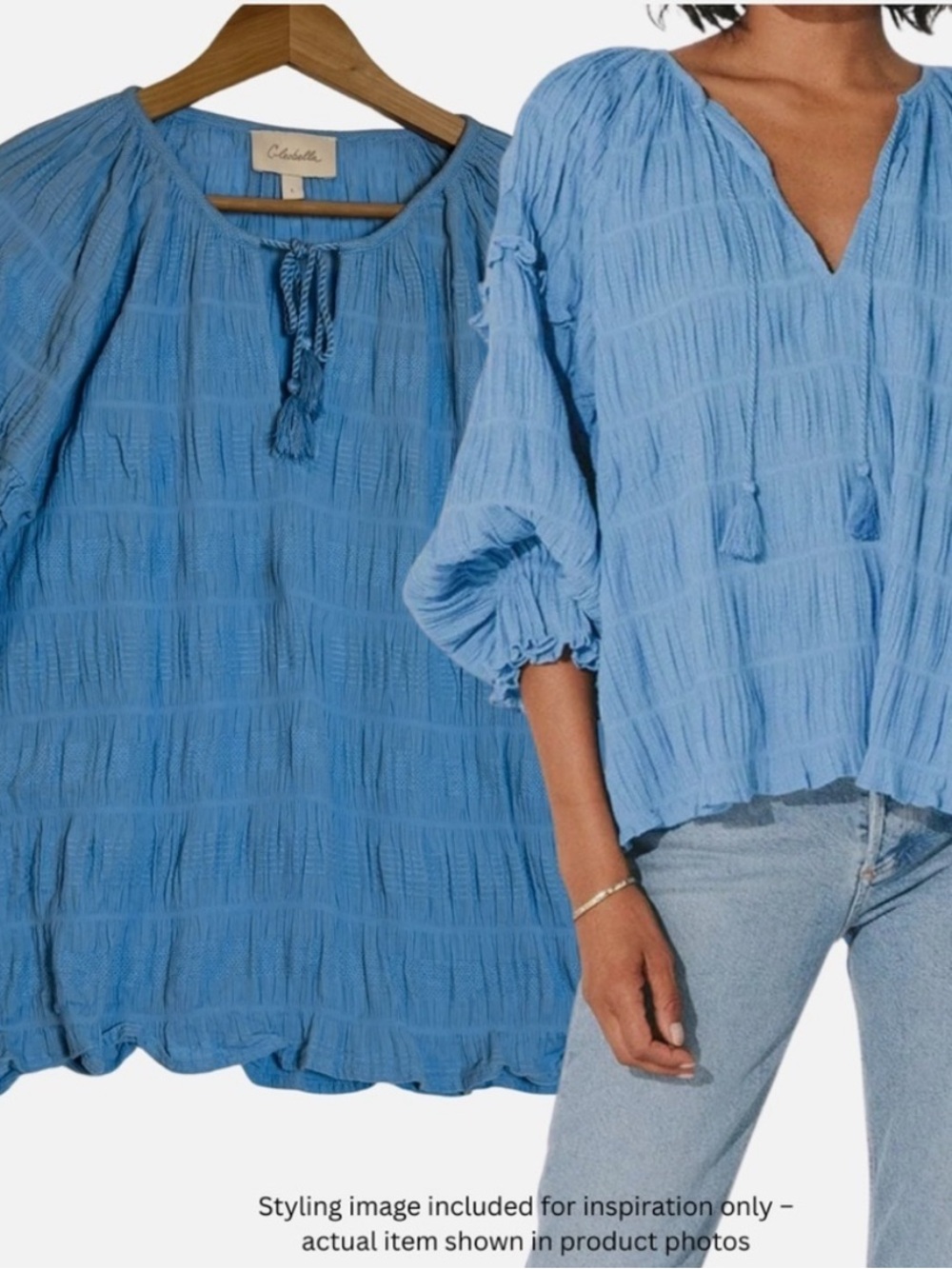 Cleobella Azariah Sky Blue Smocked Split Neck Tassel Blouse Top Lg